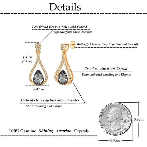 14K Yellow Gold with Charcoal Gray Austrian Crystal Halo Teardrop Post Earrings - Picture 5 of 5